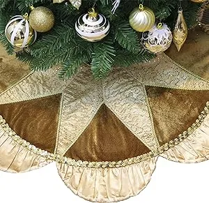 Valery Madelyn Christmas Tree Skirt for Tree Decorations, 48 Inch Luxury Sparking Gold Large Xmas Tree Skirt with Starshaped Sequins Pattern & Ruffle Trim for Merry Christmas Party Christmas Decor