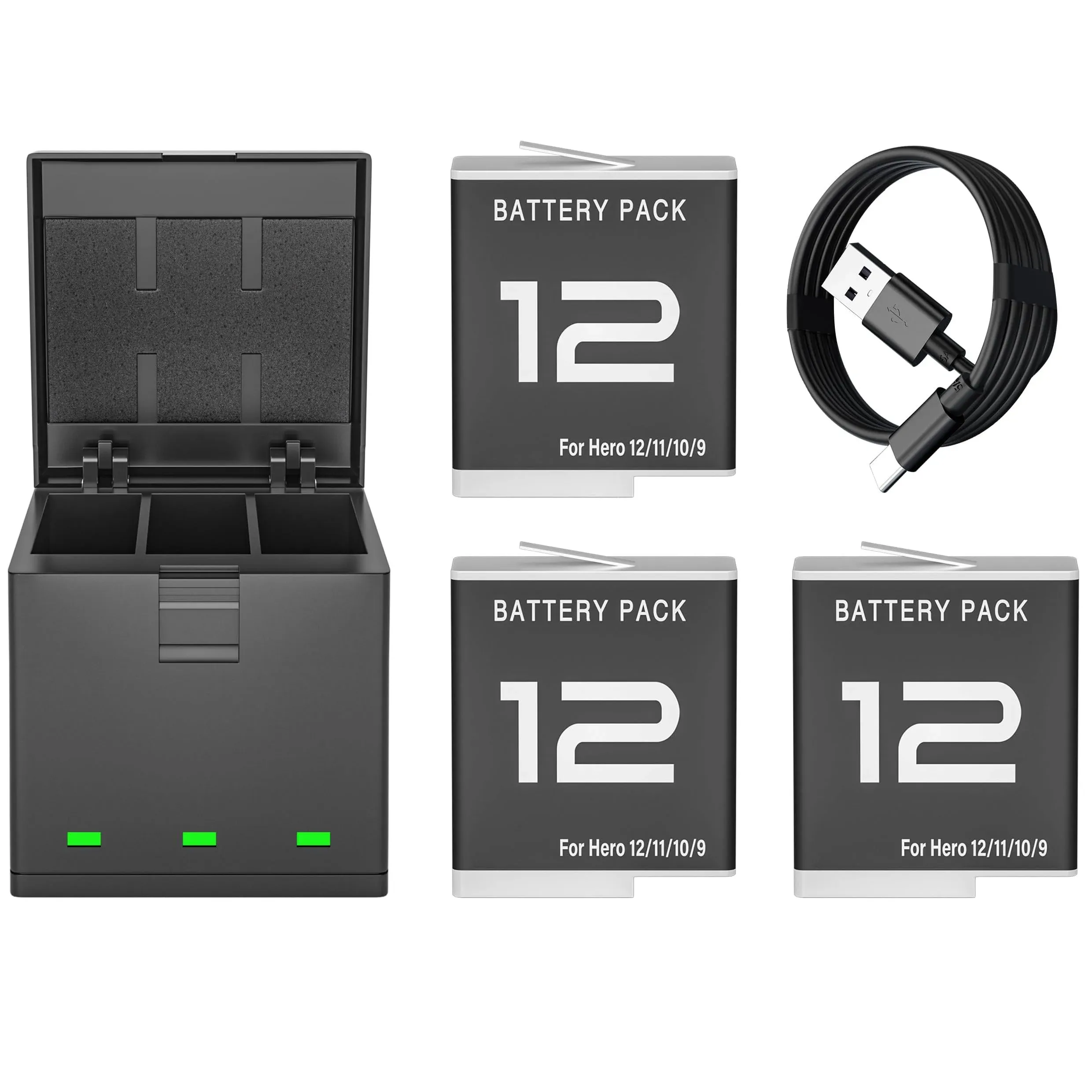 Batterymon 3Pack Hero 12 Battery and Charger Bundle for GoPro Hero 12 Hero 11 Hero 10 Hero 9 Black GoPro Enduro Camera, Portable Triple USB Charging