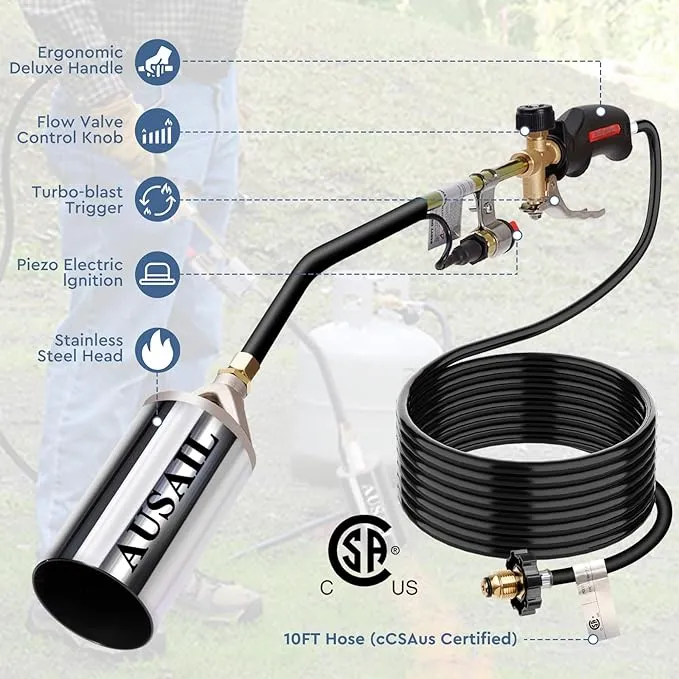 Propane Torch Weed Burner,Blow Torch,Heavy Duty,High Output 1,800,000 BTU,Flamethrower with Turbo Trigger Push Button Igniter and 10 FT Hose for Roof Asphalt,Ice Snow,Road Marking,Charcoal