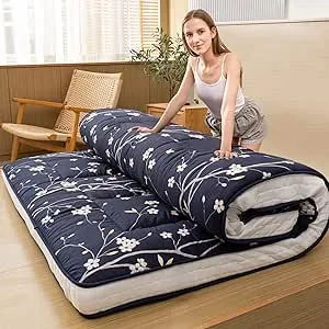 MAXYOYO Navy Floral Printed Futon Mattress, Padded Japanese Floor Mattress Quilted Bed Mattress Topper, Extra Thick Folding Sleeping Pad Breathable Floor Lounger Guest Bed for Camping Couch, Queen