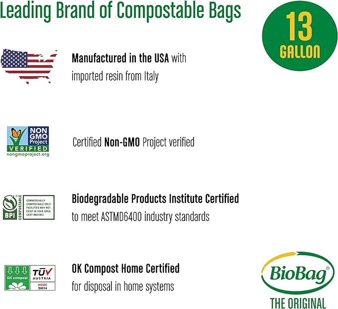 BioBag (USA), The Original Compostable Bag, 13 Gallon, 48 Total Count, 100% Certified Compostable Kitchen Food Scrap Bags, Kitchen Compost Trash Bin Compatible