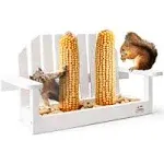 Solution4Patio White Bench Chair Chipmunk & Squirrel Feeder, Mesh Bottom, 2 Corn Cob Holders, Peanut or Acorn Loader, Solid Pine Wood, 13 in. L x 5.1 in. W x 8.3 in. H, Funny Gift & Deco, #B103A02