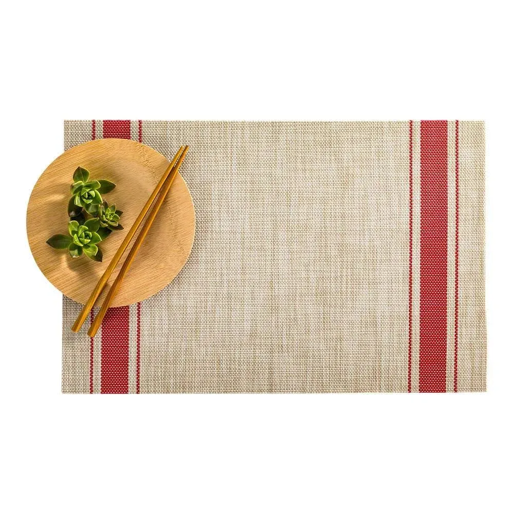 Restaurantware French Countryside 16 x 12 Inch Dining Table Placemats Set Of 6 Heat-Tolerant Kitchen Table Mats - Red Stripe No Stain Khaki Vinyl Woven Rectangle Placemats Easy To Clean