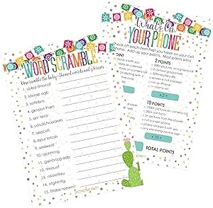 DISTINCTIVS Taco 'Bout a Baby Fiesta Baby Shower Games - What's On Your Phone and Word Scramble, 2 Game Bundle - 20 Dual Sided Cards