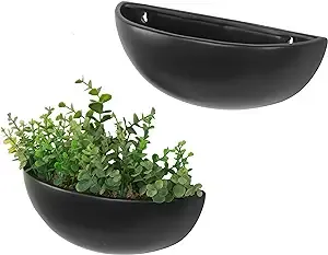 MyGift Matte Black Ceramic Indoor Wall Planter, 12 Inch Semi Circle Hanging Wall Vase, Set of 2