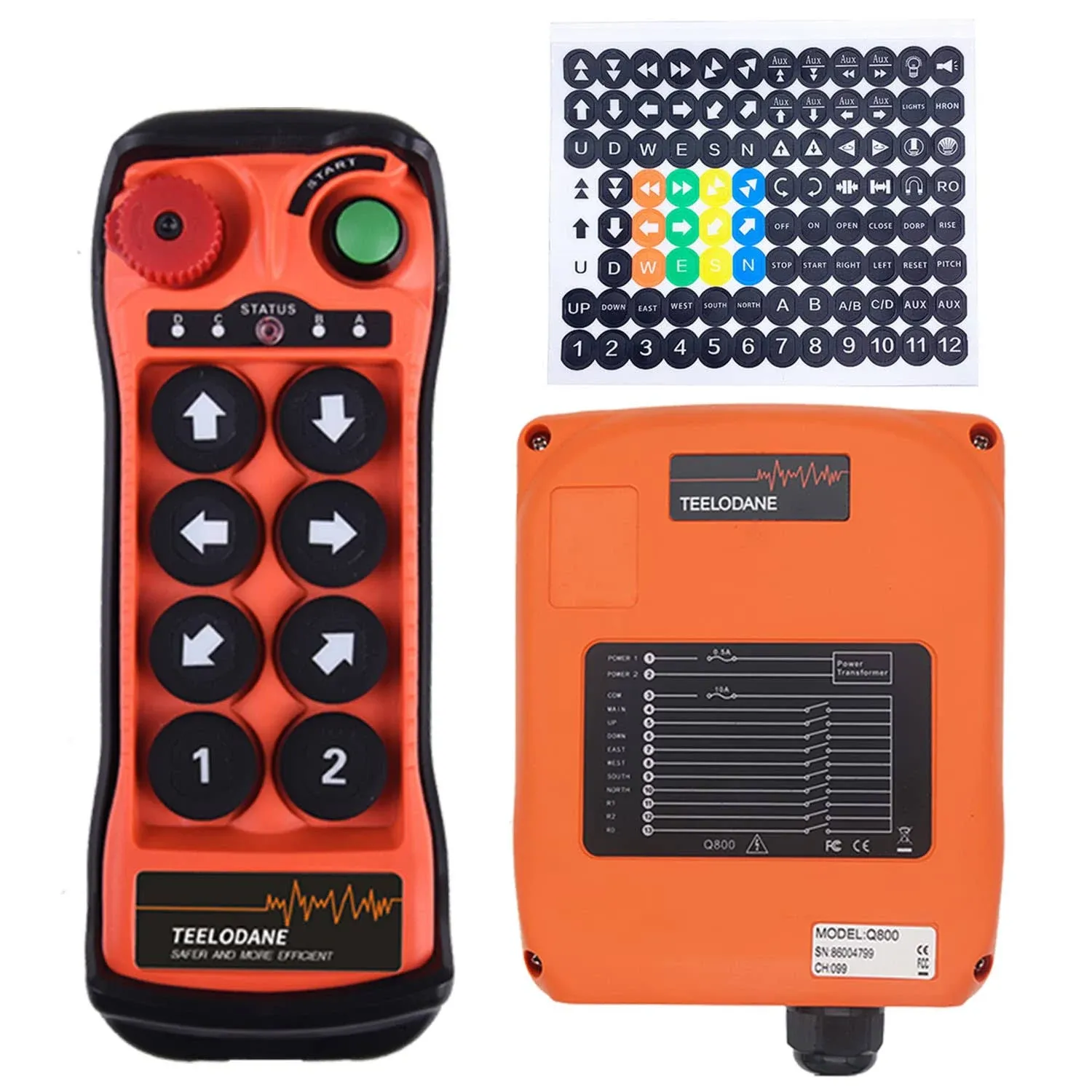 Q800 Industrial Wireless Crane Remote Control kit 8 Button 12v 24v Electric Lift Hoist Overhead Tower Bridge Transmitter Receiver with Emergency Stop