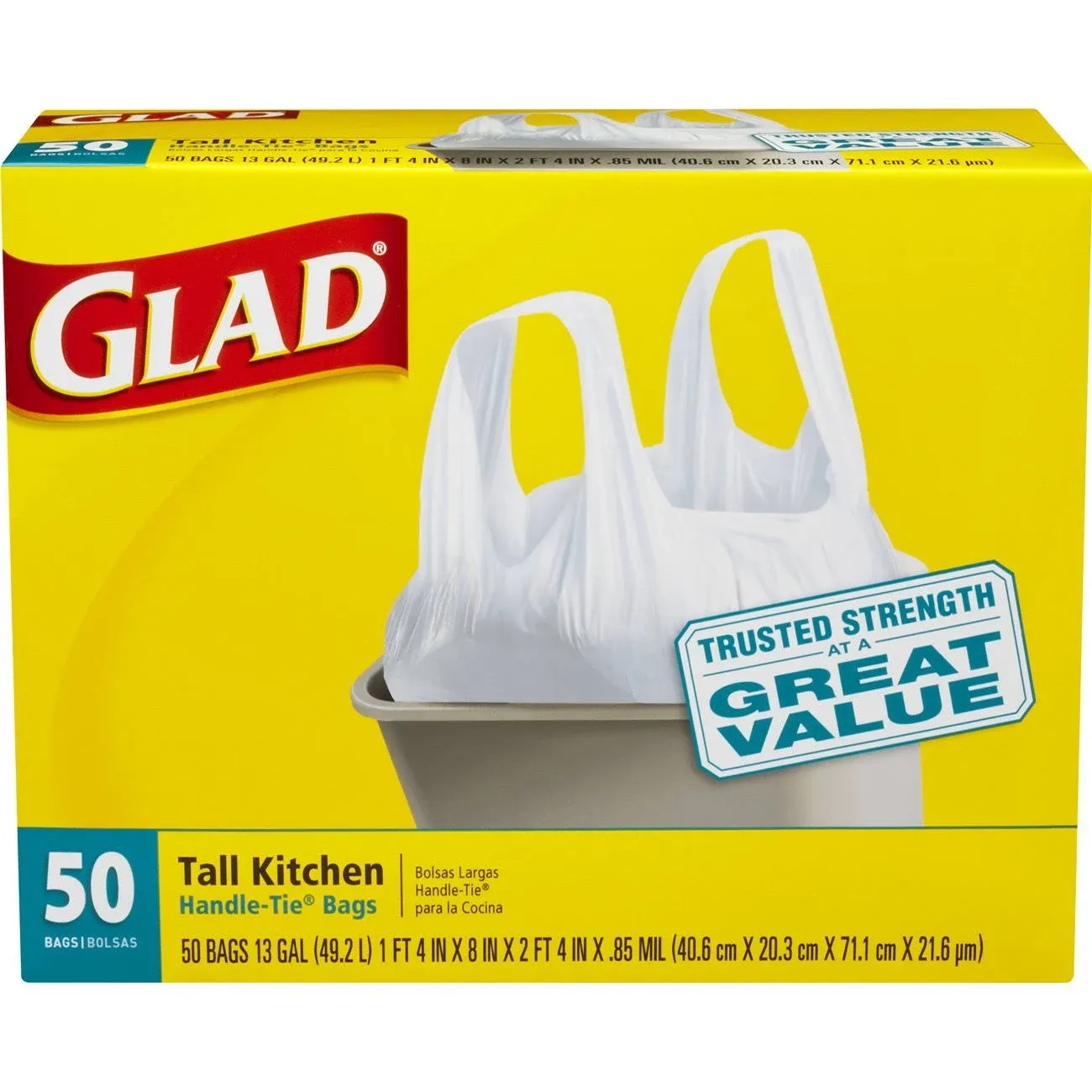 Glad Trash Bags, Tall Kitchen Handle-Tie Garbage Bags - 13 Gallon White Trash Bag - 50 Count (Package May Vary)