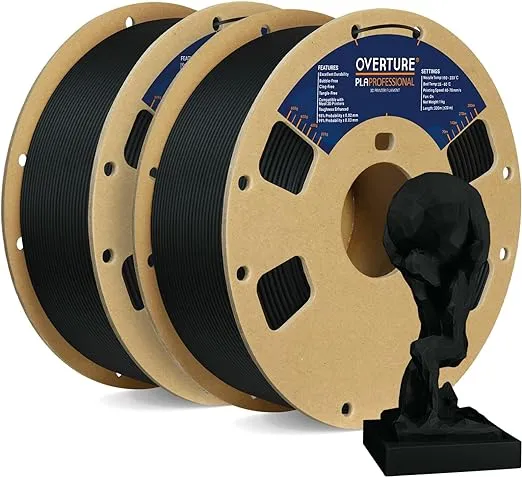 OVERTURE PLA Plus (PLA+) Filament 1.75mm PLA Professional Toughness Enhanced PLA Roll, Cardboard Spool, Premium PLA 1kg(2.2lbs), Dimensional Accuracy 99% Probability +/- 0.03mm (Black,2-Pack)