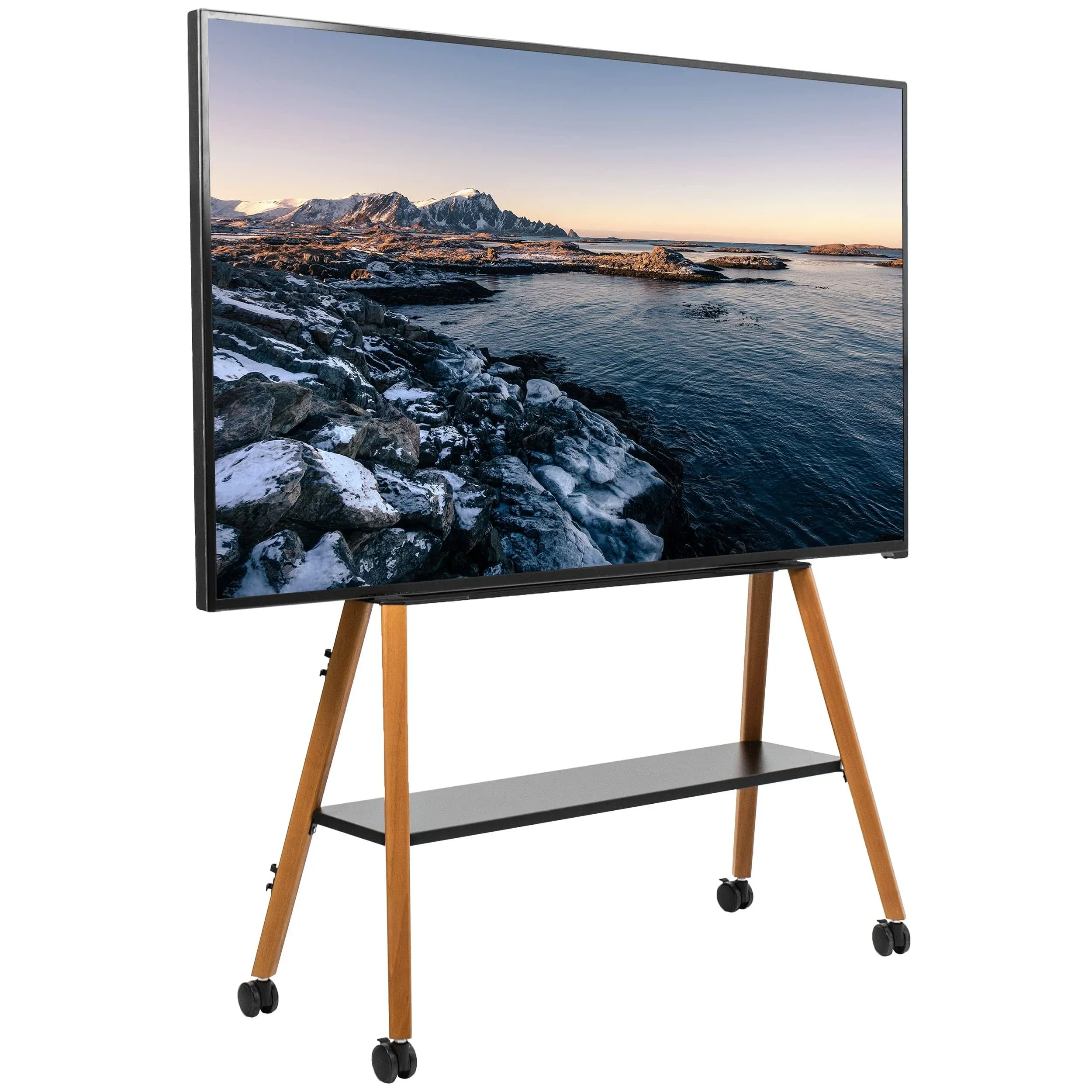 VIVO Rolling Artistic Easel 49 to 75 inch LED LCD Screen Mobile Studio TV Display Stand, Wood Accessory Shelf, Adjustable TV Mount with 4 Dark Walnut Legs, Black Frame, STAND-TV75R