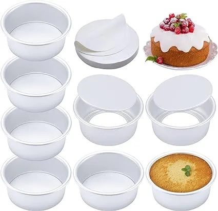 4 Inch Round Cake Pan Set of 8, Nonstick Aluminum Baking Pans with 100 Sheets Parchment Paper, Quick Release Removable Bottom Cake Pans for Mini Cheesecakes, Dessert, Pizzas and Quiches