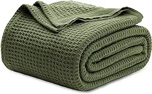 Bedsure 100% Cotton Blanket King Size for Bed - Waffle Weave Fall Blanket, Lightweight and Breathable Soft Woven Blanket for Summer, Olive Green, 104x90 inches