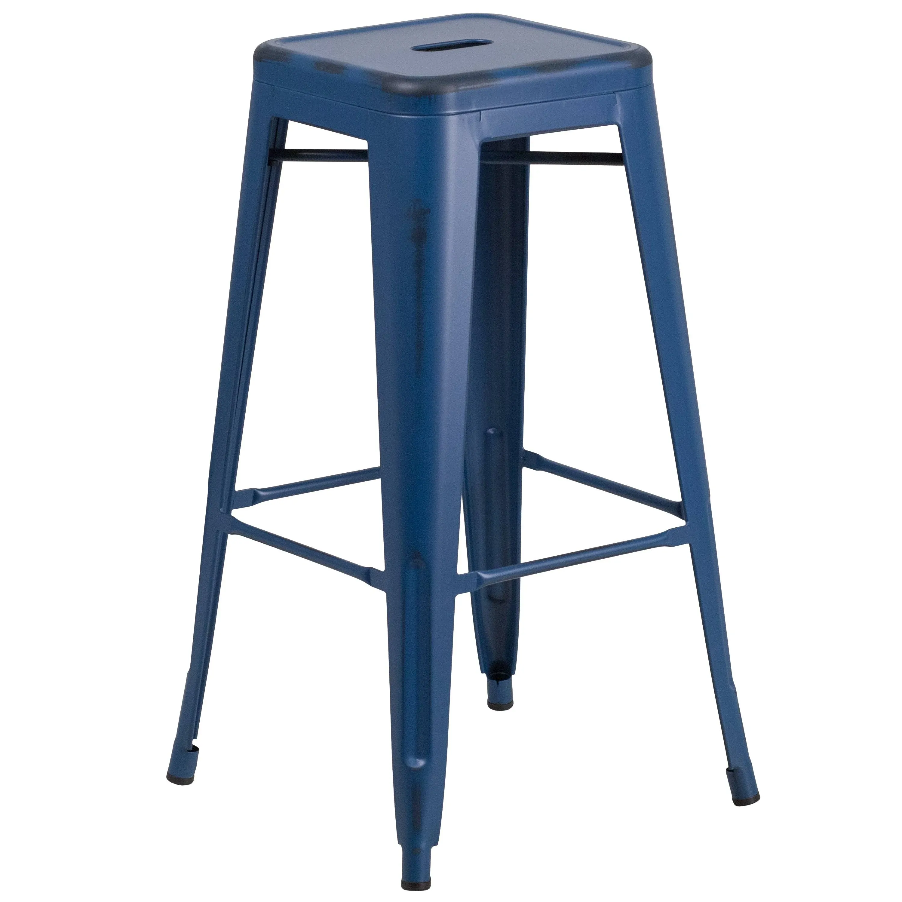 30" High Backless Distressed Antique Blue Metal Indoor-Outdoor Barstool