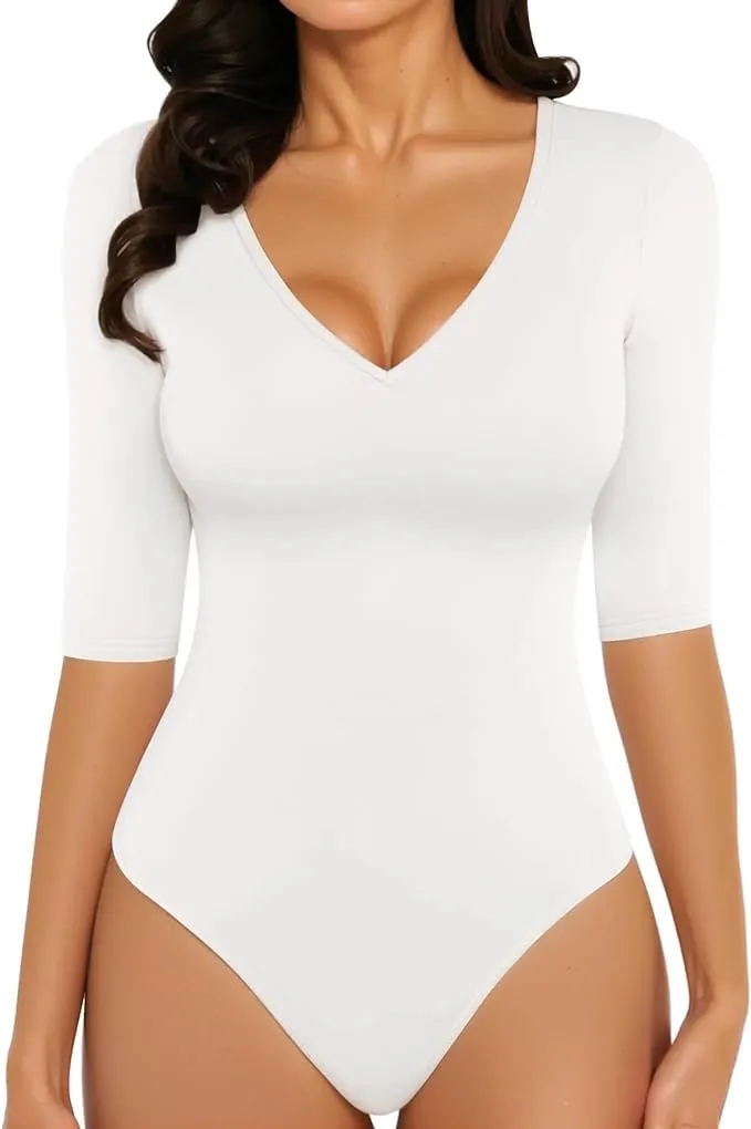 MANGOPOP Half Sleeve Bodysuit V Neck Bodysuit Shirts for Women