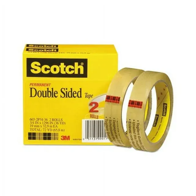 3M Scotch Double-Sided Tape, 3" Core, Transparent, 3/4" x 1296" - 2 rolls