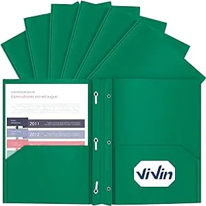 ViVin Sturdy 12-Pack Plastic Folders, Folder with Pockets and Prongs, 2 Pocket Poly File, Plastic Folders with 3-Prong Fasteners, fits 8.5 * 11 Letter Size Paper, for School/Home/Office Use (Green)