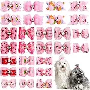 PET SHOW Mixed Styles Pet Cat Puppy Topknot Small Dog Hair Bows with Rubber Bands Grooming Accessories Pink Pack of 20