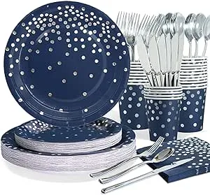 Blue and Silver Party Decorations, Navy Blue Plates and Napkins Party Supplies 168Pcs, Blue Paper Plates, Birthday Plates Serve 24, for Retirement Baby Shower Holiday Party, Hanukkah Plates