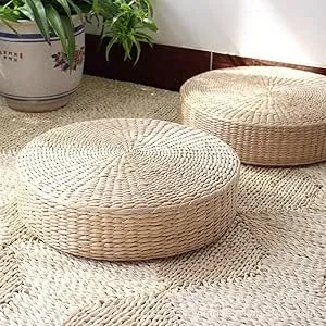 HUAWELL 2 Pack Tatami Floor Pillow Sitting Cushion Bigger Size,Round Padded Room Floor Straw Mat for Outdoor Seat (Dia: 19.7)