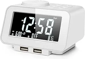 uscce Digital Alarm Clock Radio - 0-100% Dimmer, Dual Alarm with Weekday/Weekend Mode, 6 Sounds Adjustable Volume, FM Radio w/Sleep Timer, 2 USB Charging Ports, Thermometer, Battery Backup(White)