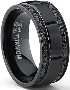 9MM Men's Black Titanium Wedding Band Ring with Double Row Black Cubic Zirconia, Comfort Fit