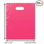 100 Pack 12" x 15" with 1.25 Mil Thick Pink Merchandise Plastic Glossy Retail Bags - Die Cut Handles - Perfect for Shopping, Party Favors, Birthdays