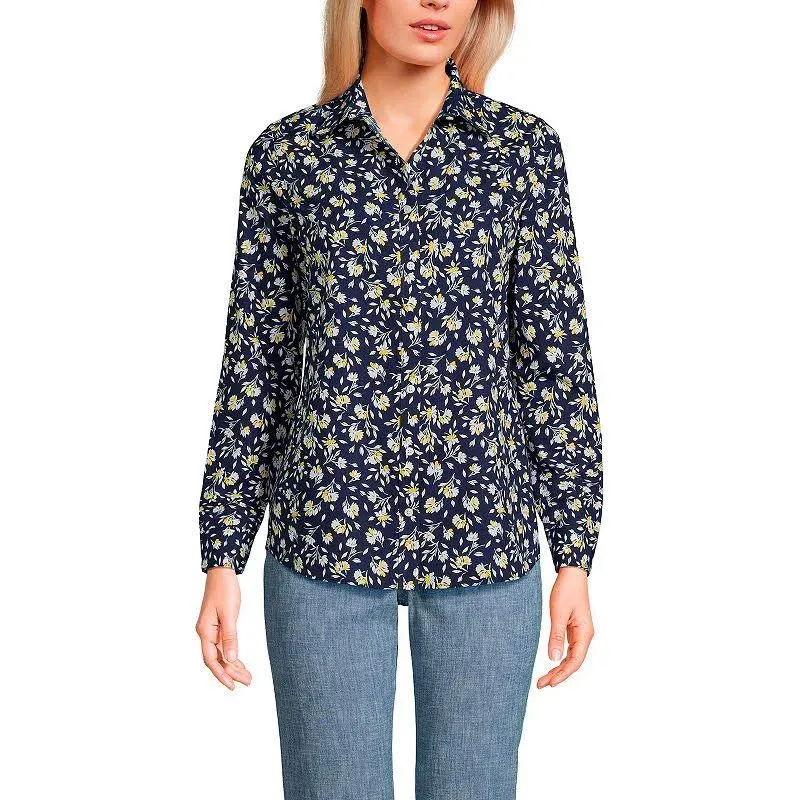 Lands' End Women's Wrinkle Free No Iron Button Front Shirt - 2 - Deep Sea Navy Floral