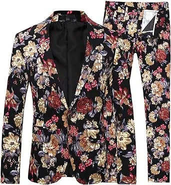 Cloudstyle Mens 2 Piece Suit Notched Lapel Sport Coat Floral One Button Slim Fit Tweed Suit