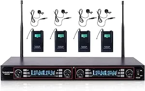 Sound Town 200-Channel Rack Mountable Professional Adjustable UHF Wireless Microphone System with Metal Receiver, 4 Lavalier Mics, 4 Bodypack Transmitters (NESO-U4LL)