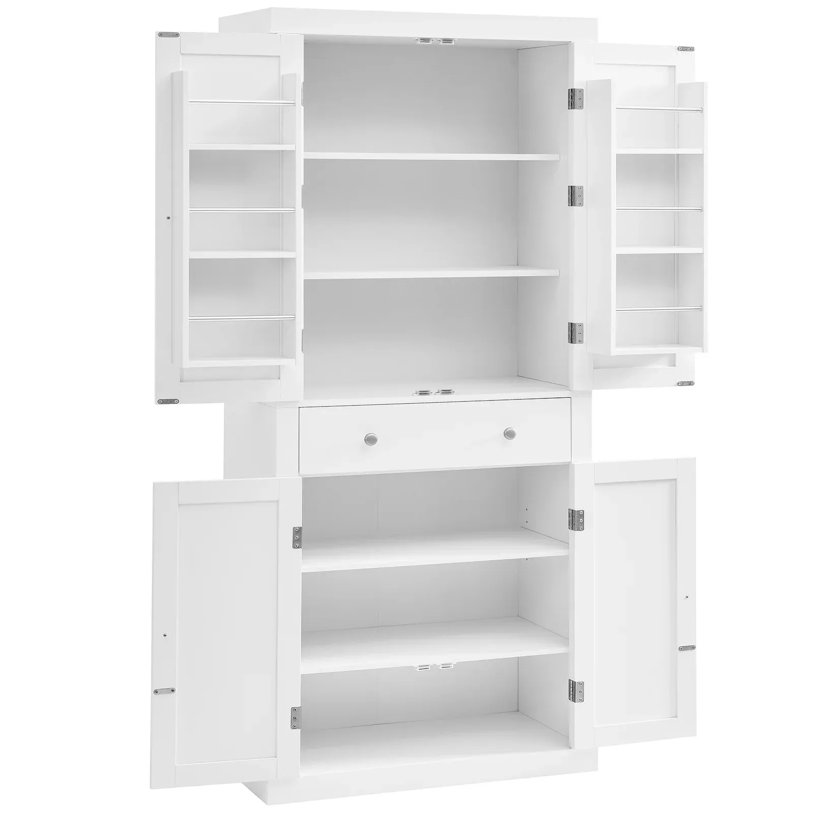 72”H Kitchen Pantry Cabinet with 4 Doors and 1 Drawer, Freestanding Tall Storage Cupboard with 6 Hanging Shelves and Adjustable Shelves for Kitchen, White