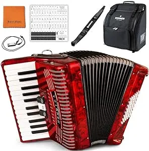 Hohner Accordions 1304-RED 48 Bass Entry Level Piano Accordion Bundle with Hohner Bag, Strap, Mini Harmonica, Juliet Music Polish Cloth & Piano Key Stickers