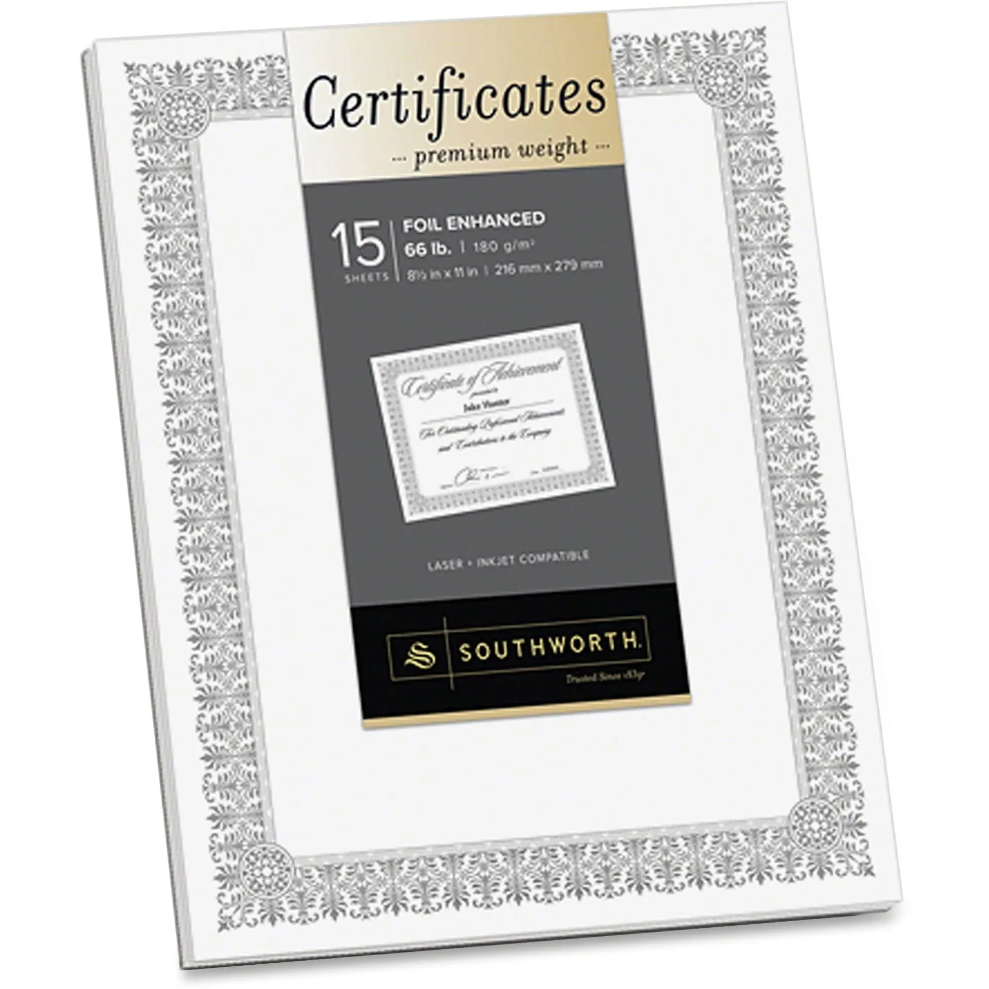 Southworth® Premium Foil Certificates, 8 1/2" x 11", 66 Lb White/Silver Foil Fleur, Pack Of 15