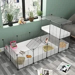 Guinea Pig Cage,Indoor Habitat Cage with Waterproof Plastic Bottom,Playpen for Small Pet Bunny, Turtle, Hamste, LOFT AND PARTITION