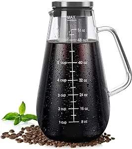 Cold Brew Coffee Maker Iced Tea Pitcher Infuser with Airtight Lid and Thick High Borosilicate Glass Carafe, 51oz/1.5L