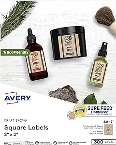 Avery Kraft Brown Square Labels with Sure Feed Technology, 2" x 2", Print to The Edge, Laser/Inkjet Printable Labels, 300 Total (22846)