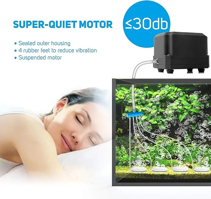 Quiet Air Pump 475GPH 30L/MIN 20W 4 Outlets Ajustable Airflow for Aquariums, Fish Tanks, Hydroponic Systems