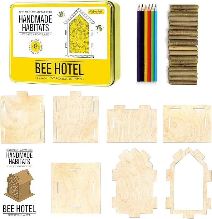 Gift Republic Handmade Habitats Personalised Bee Hotel Kit with 6-Pack Colouring Wooden Pencils Pencil Colours Orange/Black/Purple/Red/Green/Light Blue