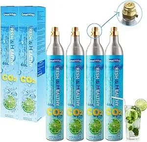 GreatWhip 60L CO2 Cylinder For Sodastream, Exchange Carbonator Compatible With SodaMaker Appliance, Threaded Cylinders, Set of 4