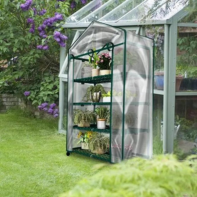 Mini Greenhouse 4-Tier Portable Green House with Locking Wheels for Indoor or Outdoor Us