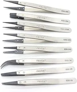 Precision Tweezer Set - FEITA Antistatic Replaceable Fiber Tip Stainless Steel ESD Tweezers for Electronics, Jewelry-Making, Laboratory, Hobby (8 Pcs)