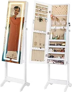 LUXFURNI LED Light Jewelry Cabinet Standing Full Screen Mirror Makeup Lockable Armoire, Large Cosmetic Storage Organizer w/Brush Holder (White)