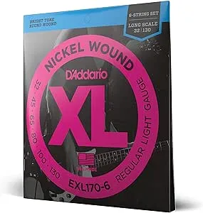 D'Addario Bass Guitar Strings - XL Nickel Bass Strings - EXL170-6 - Perfect Intonation, Consistent Feel, Powerful Durability - For 6 String Bass Guitars - 32-130 Regular Light 6-String, Long Scale