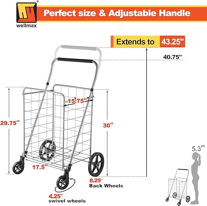 Wellmax Grocery Shopping Cart with Adjustable Handle and Swivel Wheels, Heavy Duty Foldable and Collapsible Utility Cart