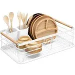 Navaris Dish Drainer Rack - Plate, Cutlery, Pots and Pans Drying Rack for Kitchen with Beechwood Handles - Modern Retro Design Drip Tray - White