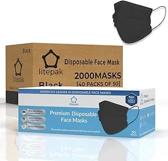 Litepak 2000pcs Disposable Face Masks Black 3-Ply Adult Mask Nose Wire Protection - Breathable Protective Face Covering