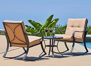 Oakmont Outdoor Furniture 3 Piece Conversation Bistro Set Rocking Chairs and Glass Top Table, Thick Cushions, Black Steel (Brown)