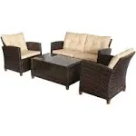 Outsunny Brown 4-Piece Iron Plastic Rattan Patio Furniture Set with Beige Cushions 2-Single Chairs Double Sofa and Tea Table