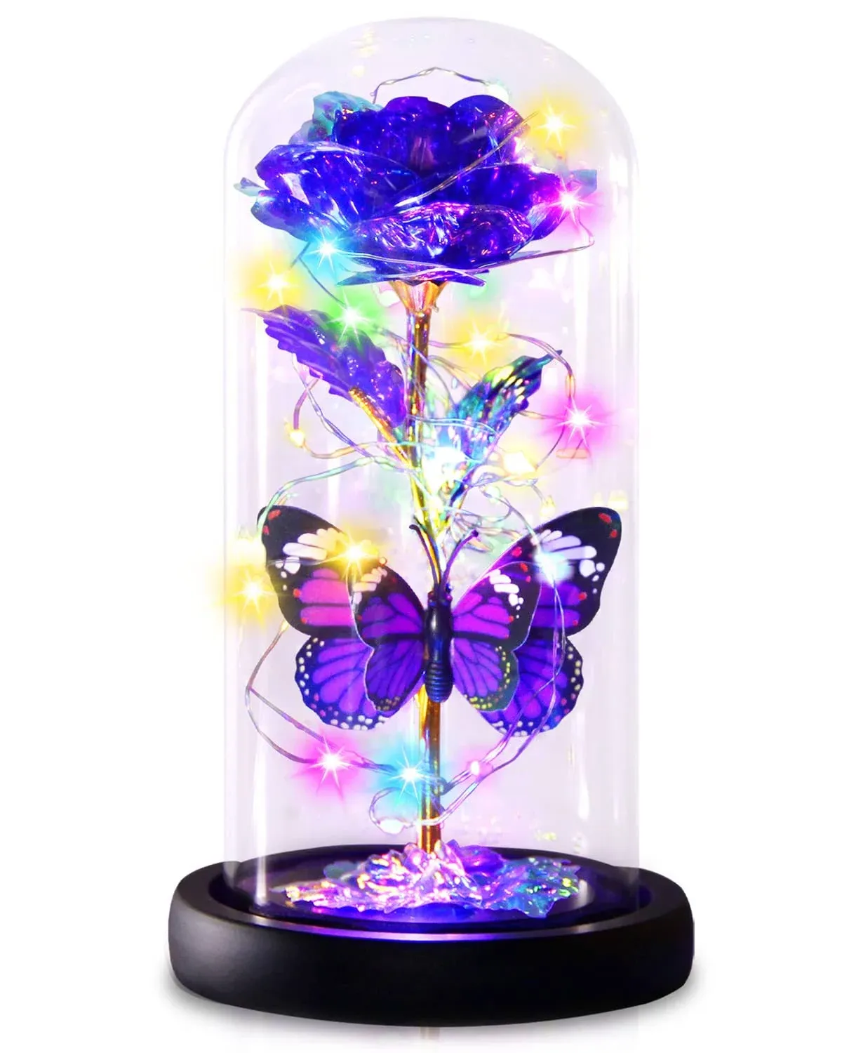 Purple Butterfly Rose Flower Birthday Gifts - Women Gifts for Her Anniversary Valentines Mothers Day Christmas Thanksgiving - Light Up Rose Flower Gifts for Mom Wife Grandma Girlfriend Lady Girl