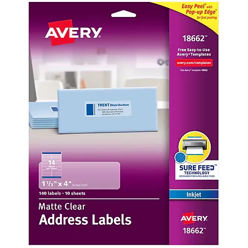 Avery Printable Address Labels with Sure Feed, 1-1/3" x 4", Matte Clear, 140 Blank Mailing Labels (18662)