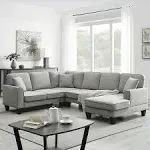 Churanty Large Sectional Sofa with Chaise and Recliner,Convertible Modular U Shaped Couch 7 Seat Fabric Sleeper Sofa for Living Room,Light gray