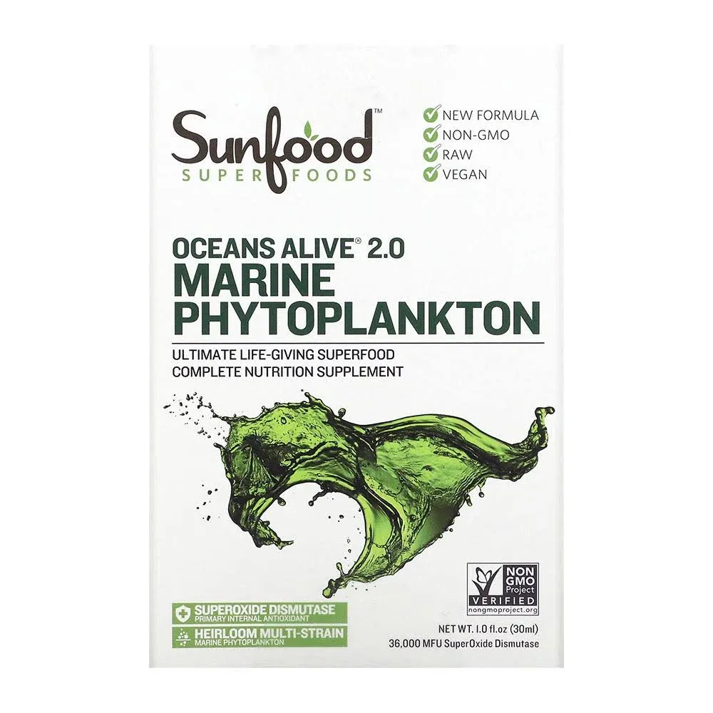 Sunfood Superfoods Oceans Alive Marine Phytoplankton- 2.0 Heirloom Multi-Strain. Raw, Fresh Harvest Stabilized. SOD (SuperOxide Dismutase) For Health on a Cellular Level. 1 oz Glass Bottle, Dropper